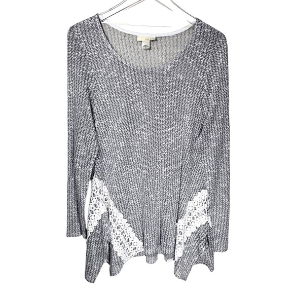 Tru Self 3/4 Sleeve Relaxed Fit Light Knit Laced Sweater in Grey/White - Picture 1 of 8